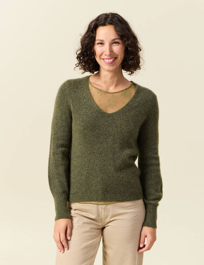 Pull col V manches longues vert kaki femme