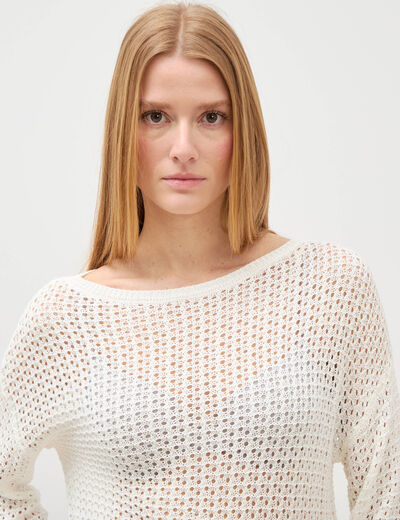Pull ajour&eacute; col bateau manches longues ecru femme