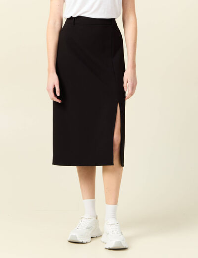 Jupe midi droite fendue noir femme