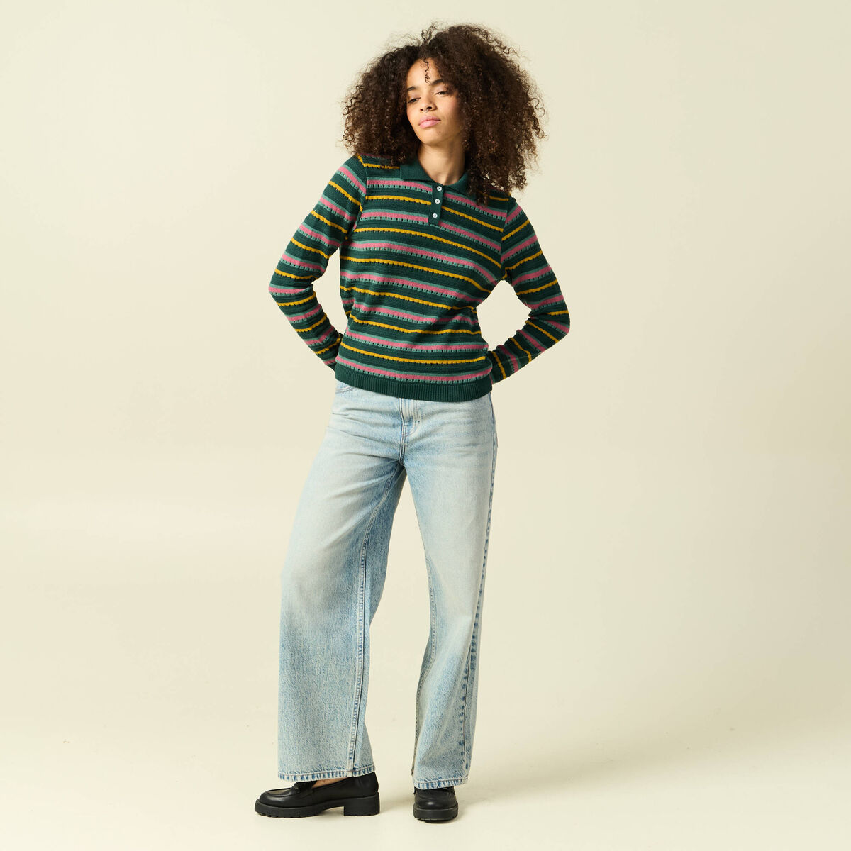 Pull col polo manches longues vert fonc&eacute; femme
