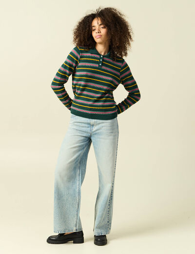 Pull col polo manches longues vert fonc&eacute; femme