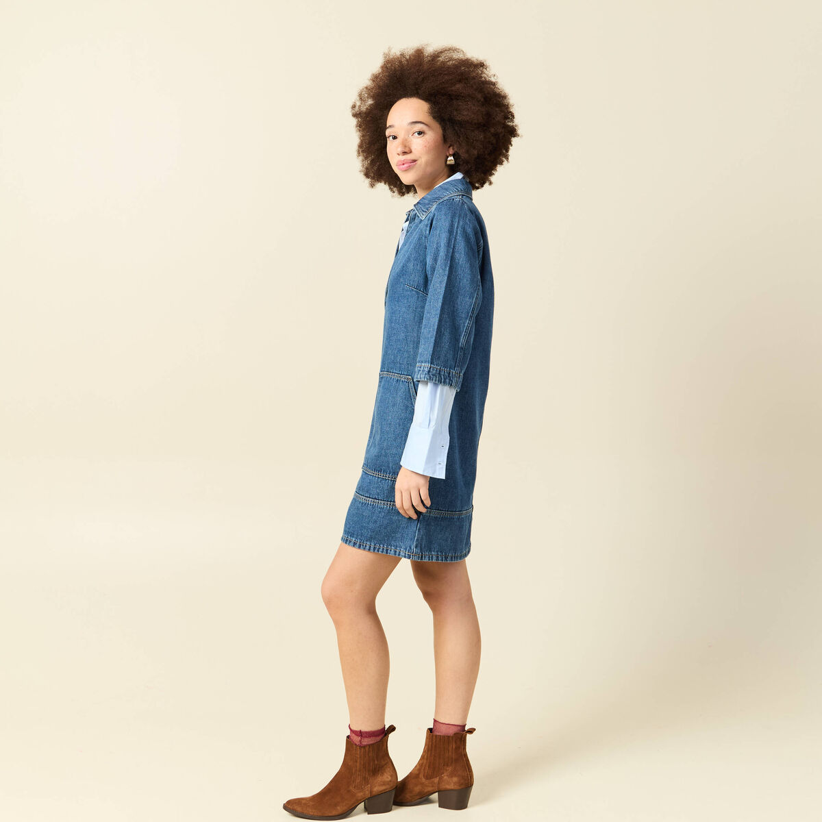 Robe droite courte en coton col v denim stone femme