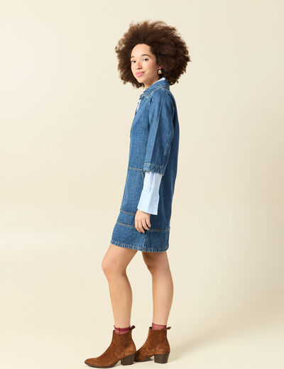 Robe droite courte en coton col v denim stone femme