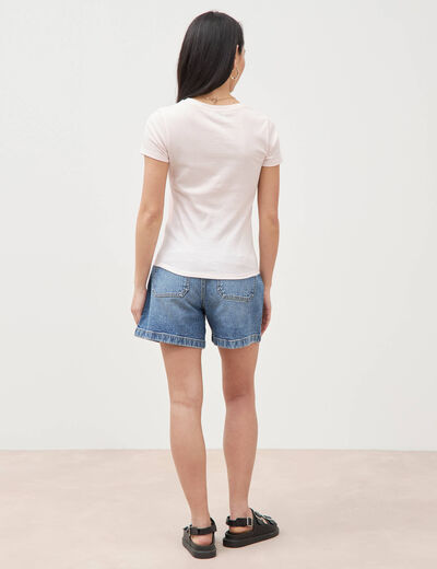 T-shirt cintr&eacute; col rond manches courtes rose poudr&eacute;e femme