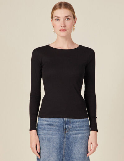T-shirt cintr&eacute; manches longues col rond noir femme