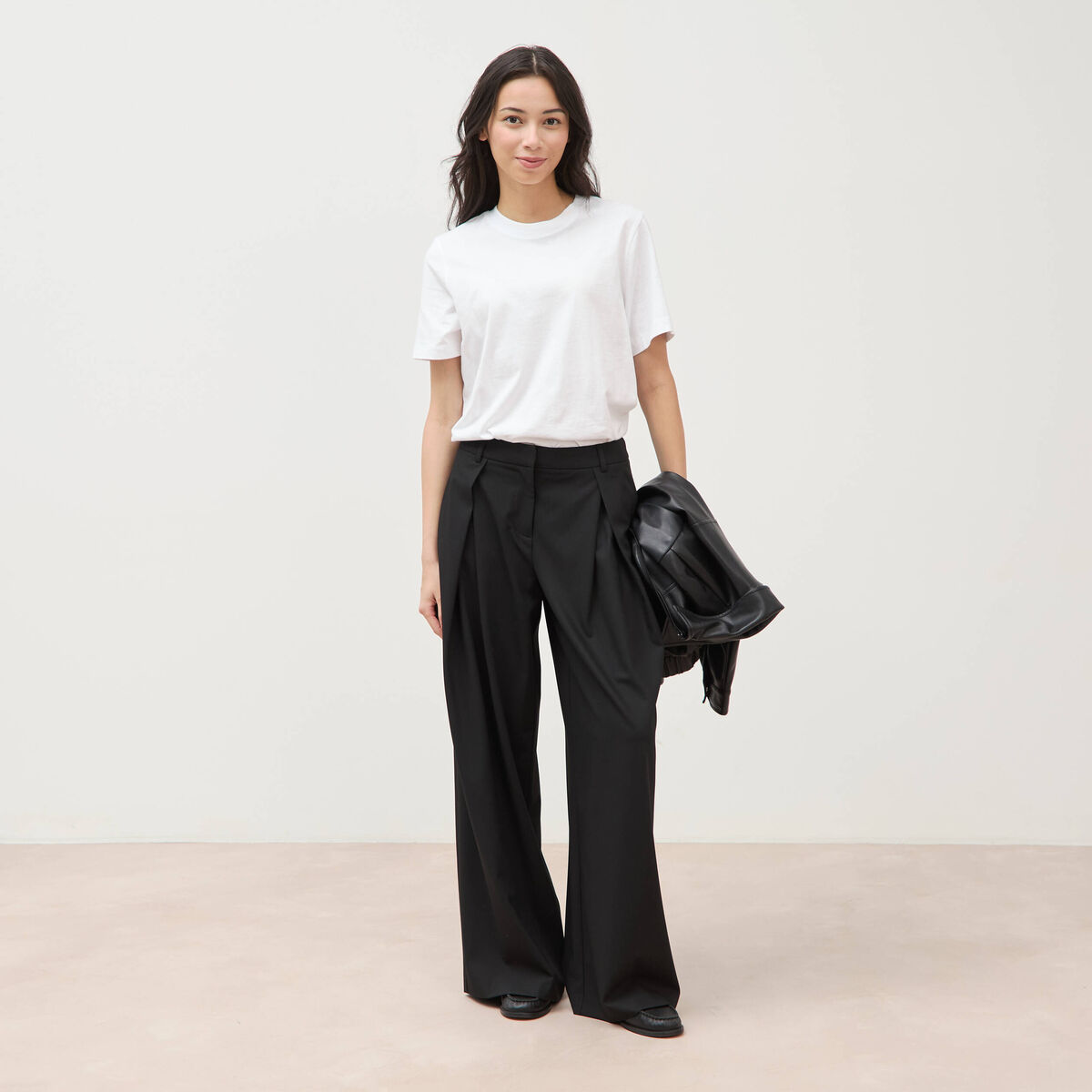 Pantalon large taille standard noir femme