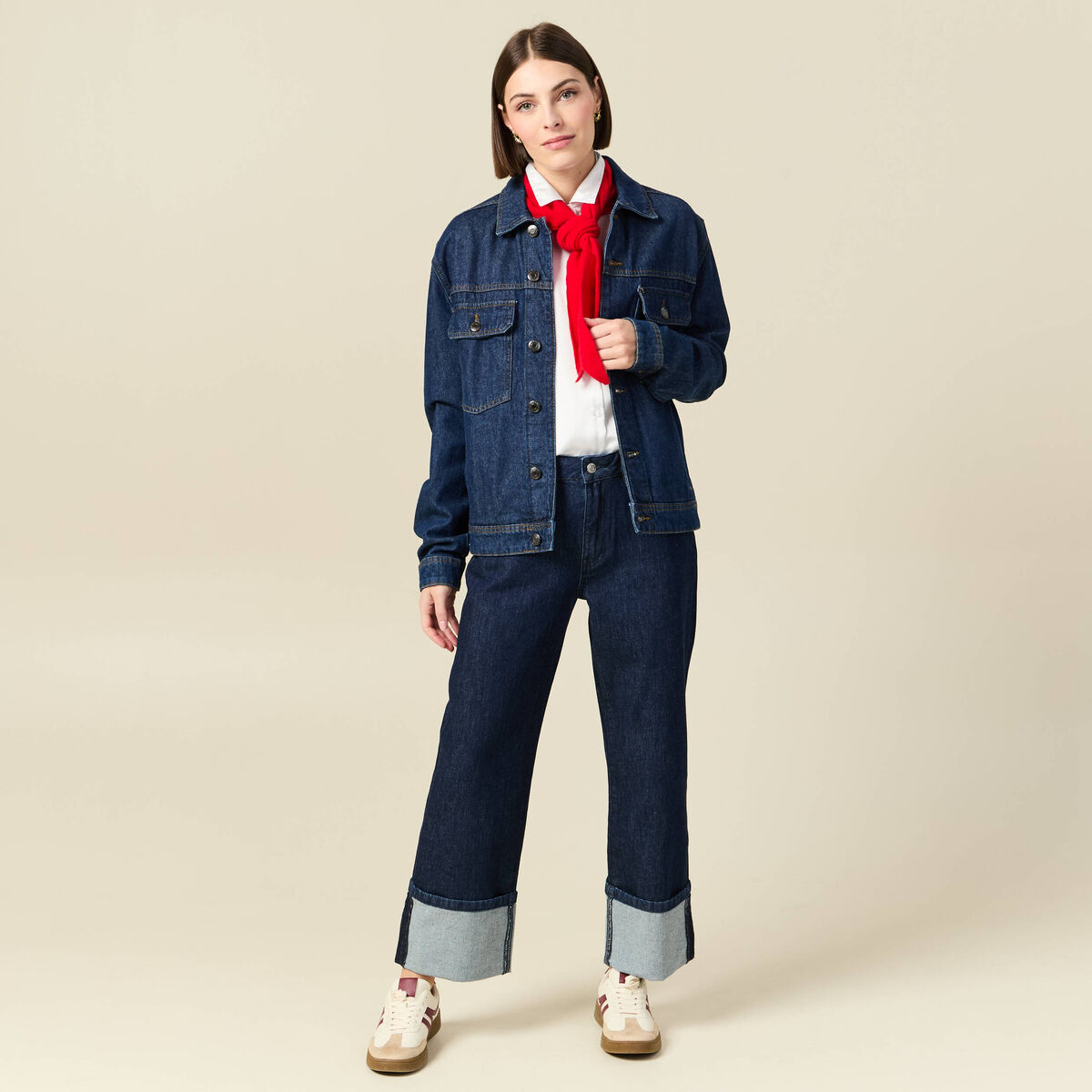 Jeans large taille haute 3/4 denim brut rinse femme
