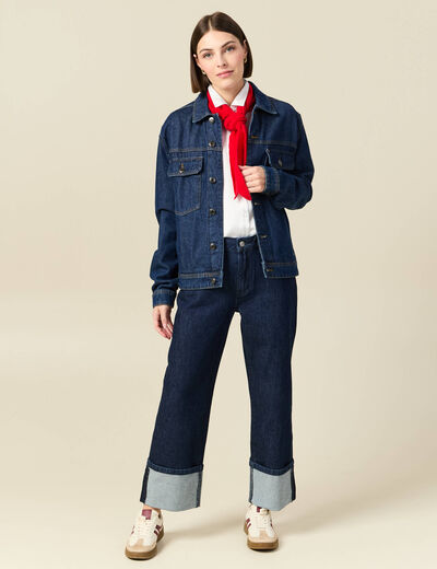 Jeans large taille haute 3/4 denim brut rinse femme