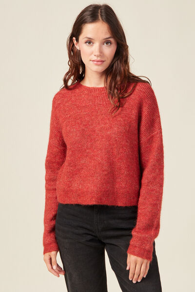 Pull manches longues cropped rouge foncé femme