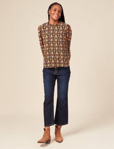 Blouse cintr&eacute;e manches longues col rond camel femme
