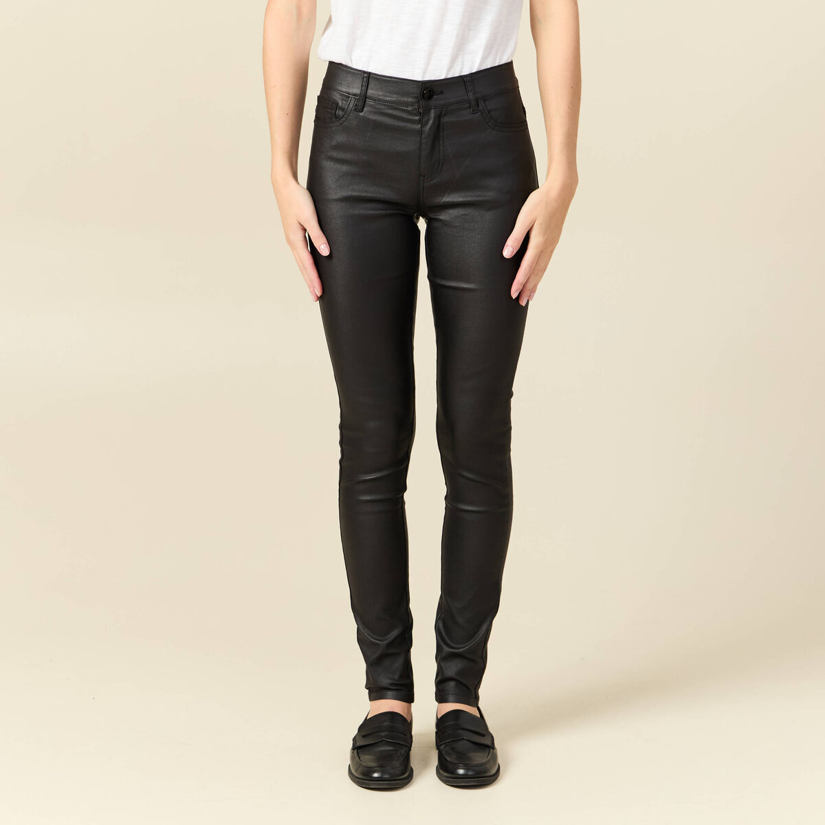 Tregging skinny denim noir enduit femme