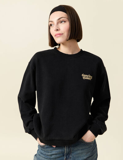 Sweat col rond manches longues en coton noir femme