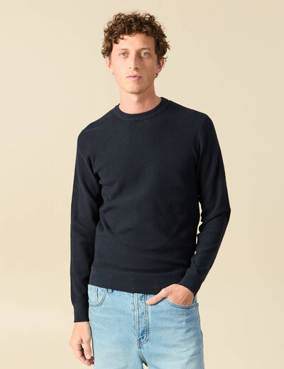 Pull fin col rond manches longues bleu marine homme