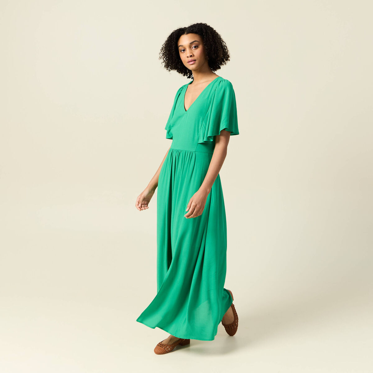 Robe longue évasée fendue vert femme