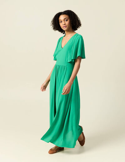 Robe longue évasée fendue vert femme