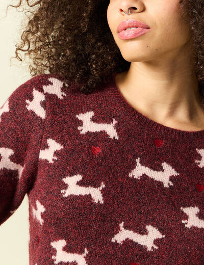 Pull de no&euml;l col rond manches longues prune femme