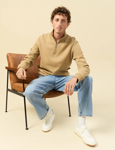 Sweat col camionneur manches longues beige homme