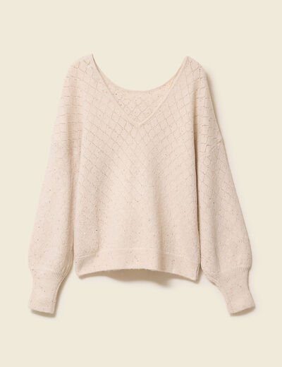 Pull ajour&eacute; col V manches longues creme femme