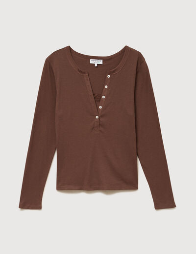 T-shirt cintr&eacute; manches longues marron fonc&eacute; femme