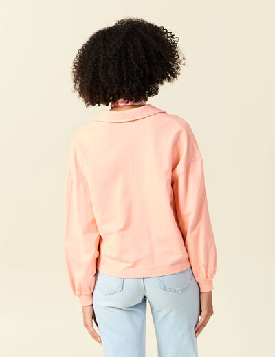 Sweat manches longues col polo rose saumon femme