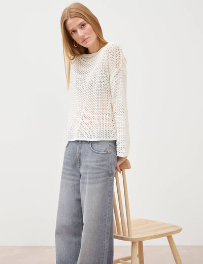 Pull ajour&eacute; col bateau manches longues ecru femme