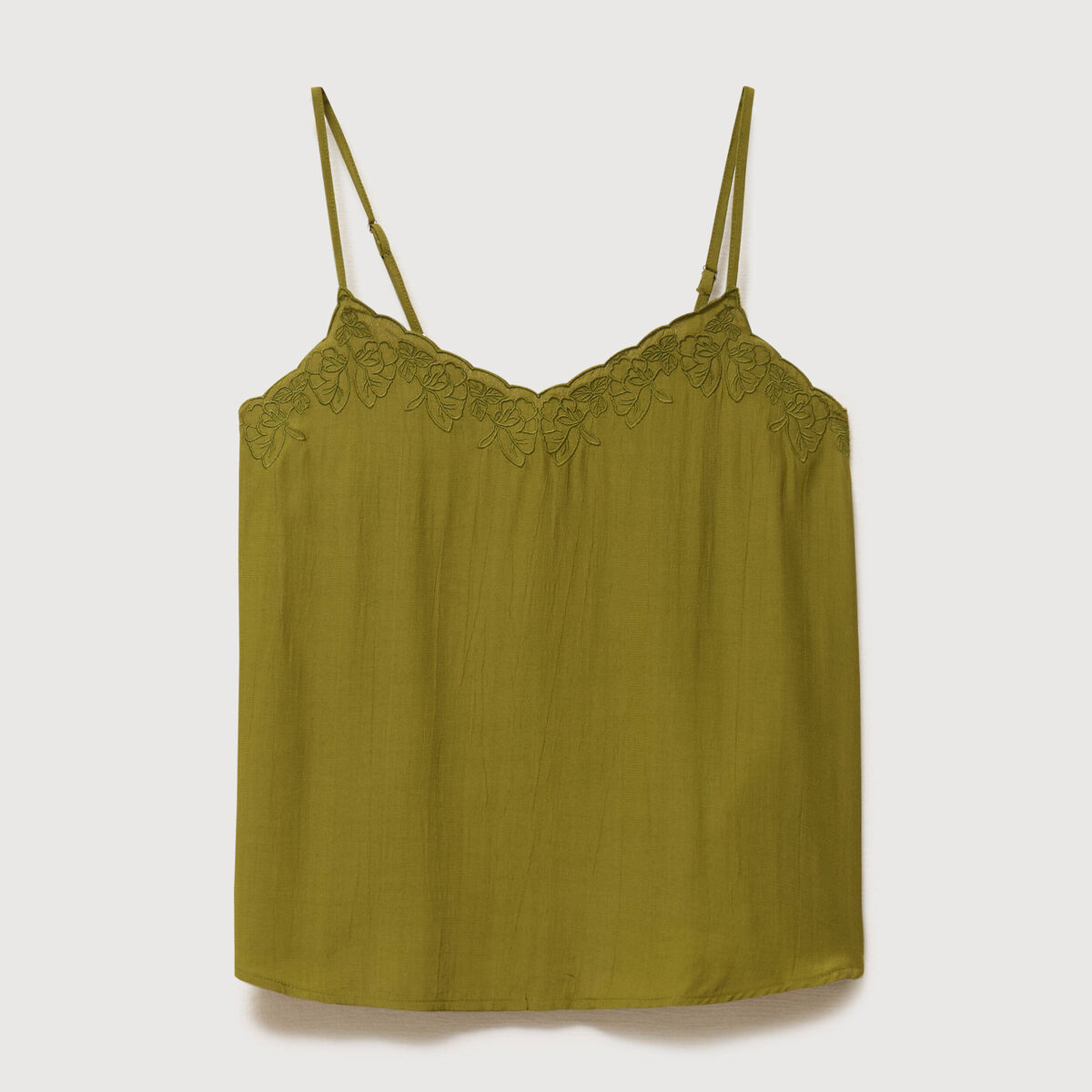 Caraco col v bretelles brod&eacute; vert kaki femme