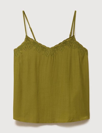 Caraco col v bretelles brod&eacute; vert kaki femme