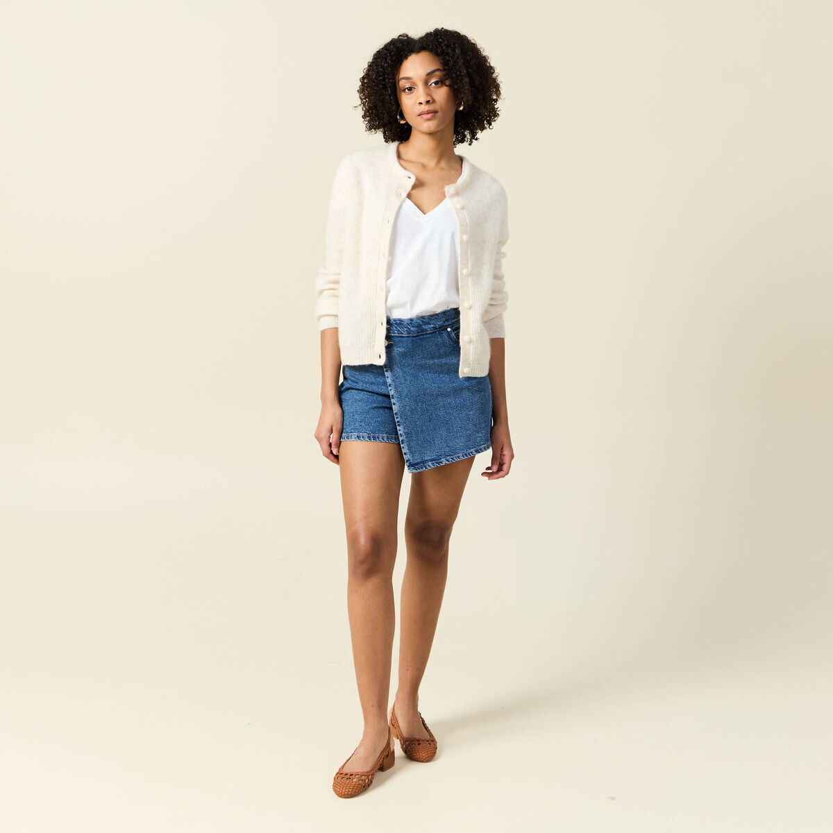 Jupe-short droite en jean denim stone femme