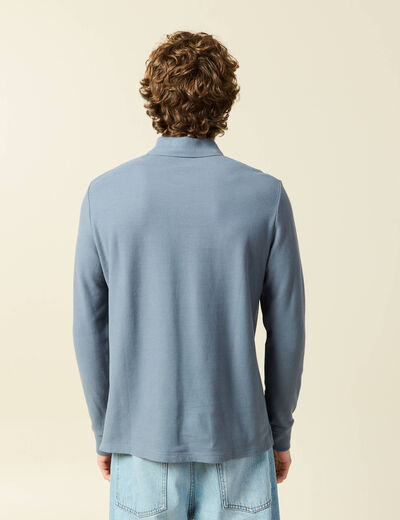 Polo manches longues en coton bleu gris homme