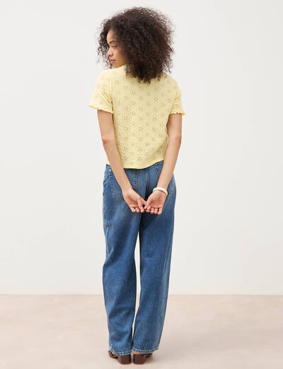 T-shirt droit col rond broderie coton jaune pastel femme