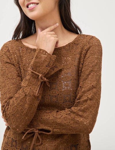 T-shirt manches longues en dentelle marron femme