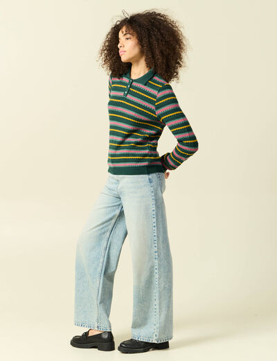 Pull col polo manches longues vert fonc&eacute; femme