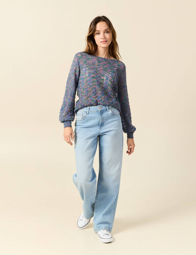 Pull manches longues ajouré bleu gris femme