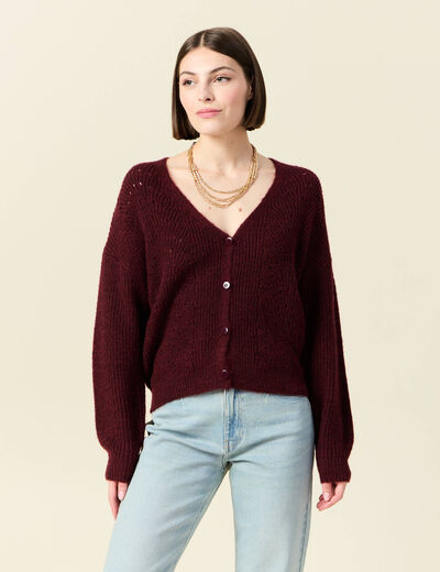 Gilet ajouré col V manches longues bordeaux femme