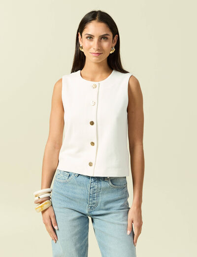 D&eacute;bardeur col rond sans manches creme femme