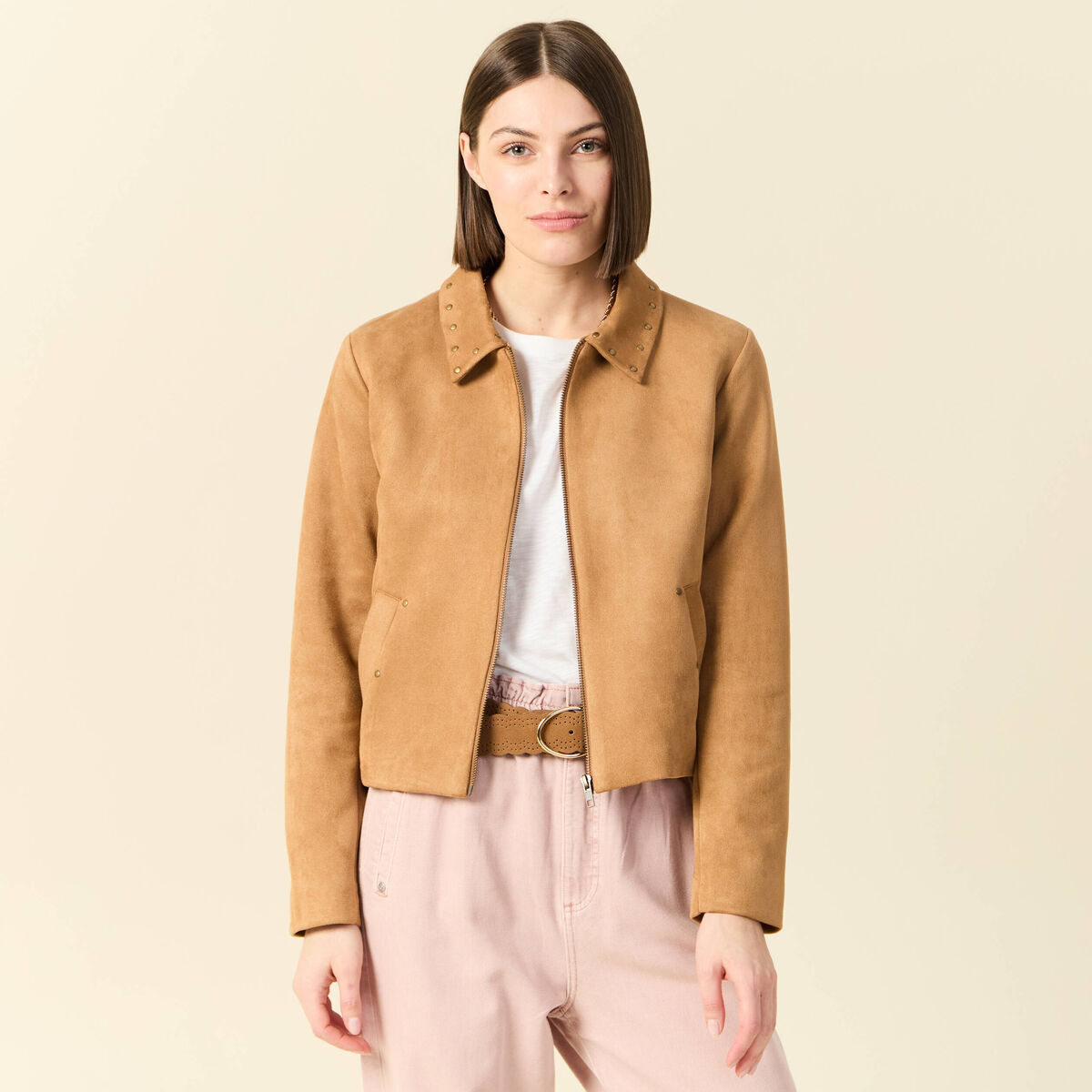 Blouson su&eacute;dine col clout&eacute; beige femme
