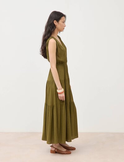 Robe fluide col v sans manches vert kaki femme