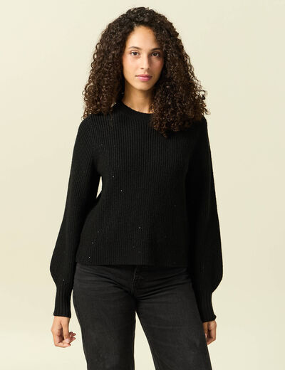 Pull manches longues col rond &agrave; sequins noir femme
