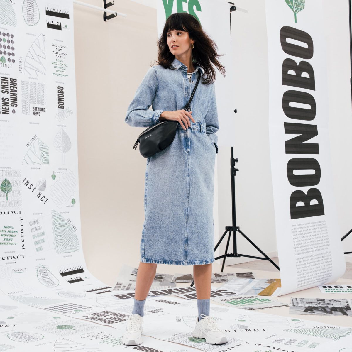 Robe midi droite en jean denim used femme