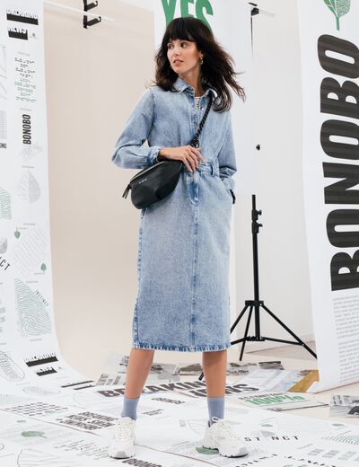 Robe midi droite en jean denim used femme