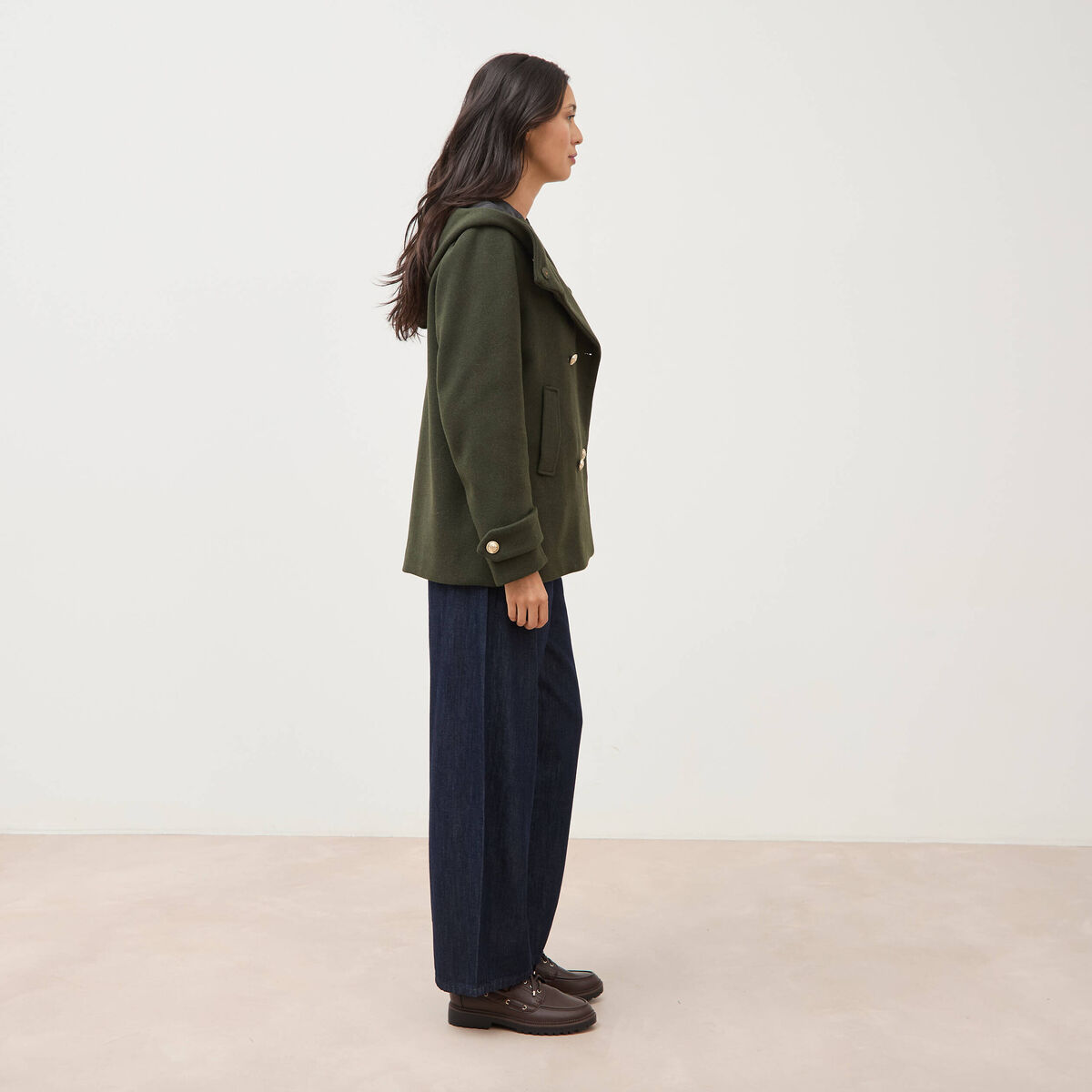 Caban oversize court &agrave; capuche vert olive femme