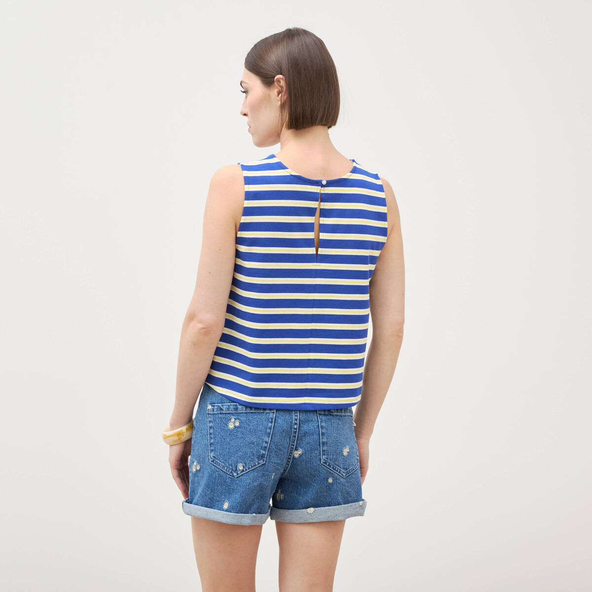 D&eacute;bardeur ray&eacute; col rond en coton bleu femme
