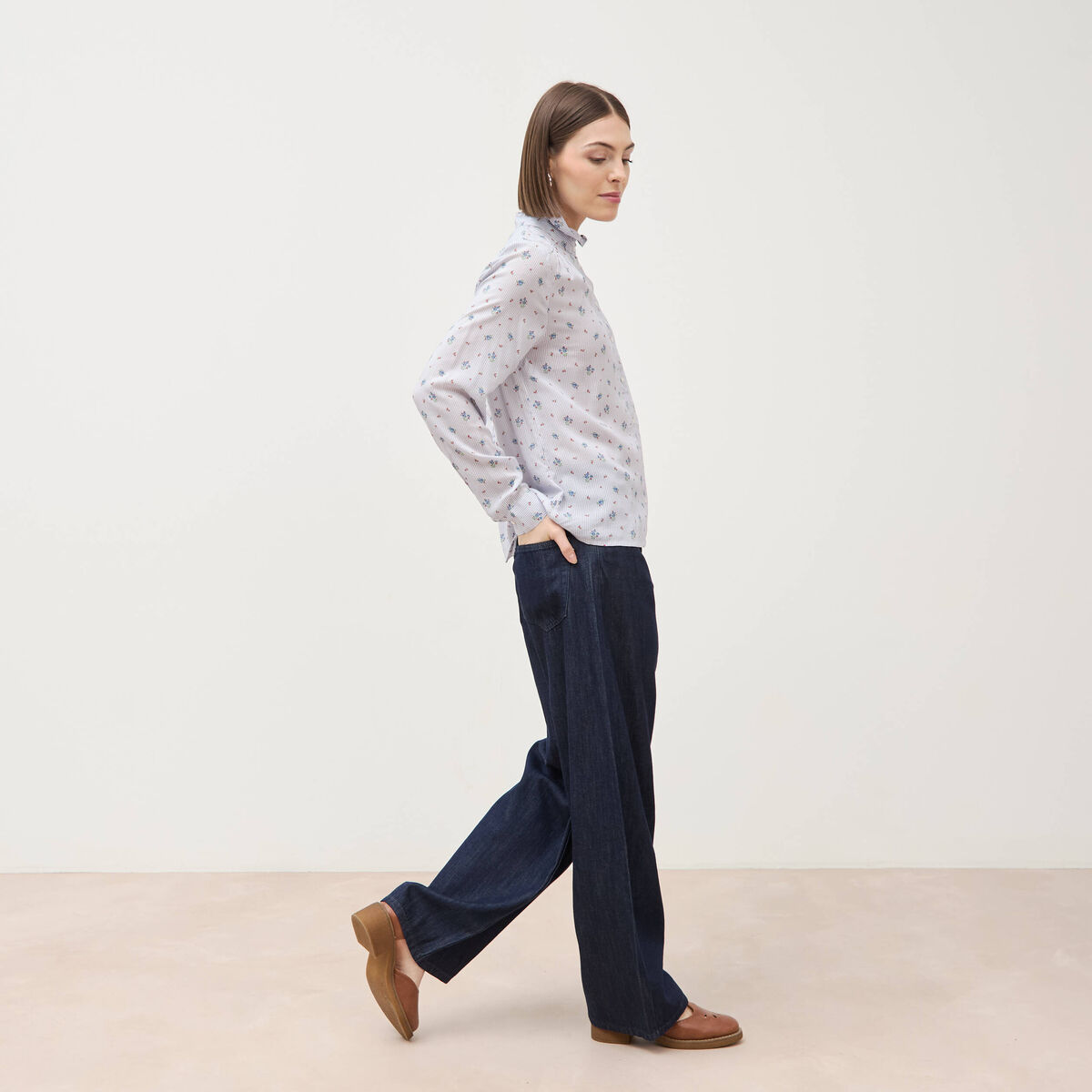 Chemise droite manches longues bleu ciel femme