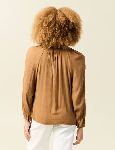 Chemise manches longues col tunisien marron clair femme