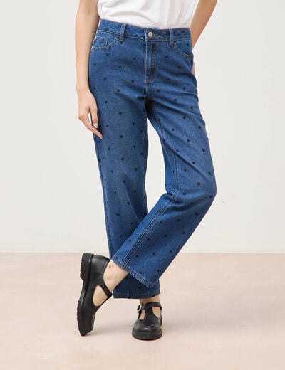 Jeans straight taille haute broderie bleu clair femme