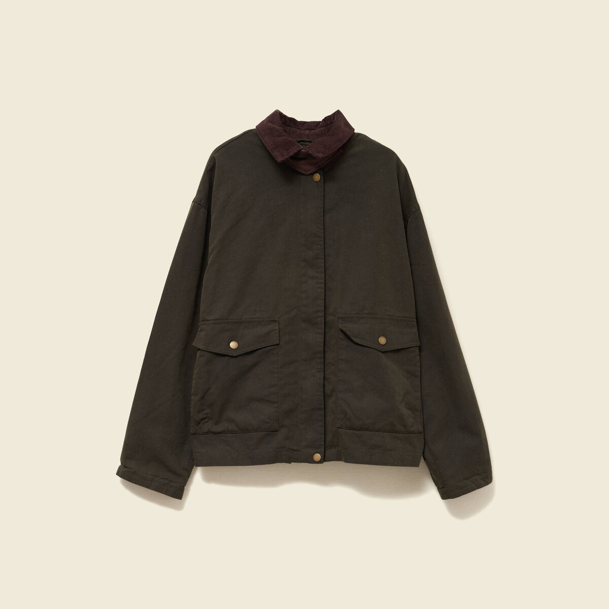 Parka oversize courte col classique vert kaki femme