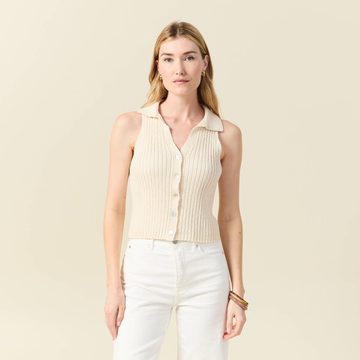 Débardeur tricot sans manches creme femme