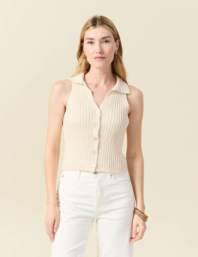 Débardeur tricot sans manches creme femme