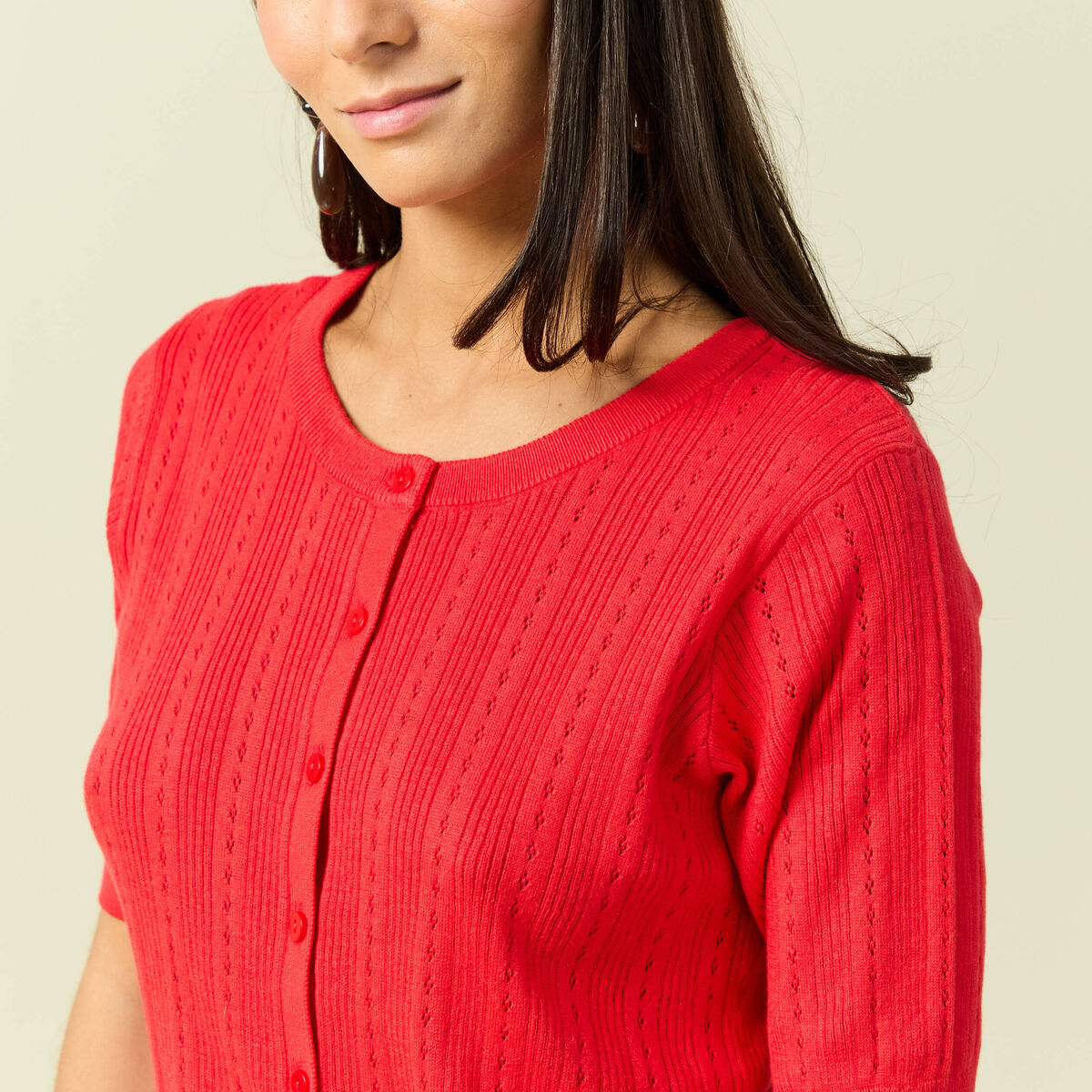 Gilet manches coude col rond rouge fonc&eacute; femme