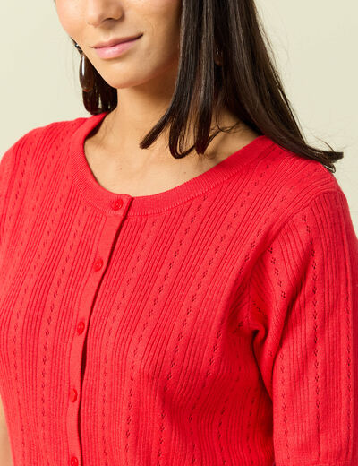 Gilet manches coude col rond rouge fonc&eacute; femme
